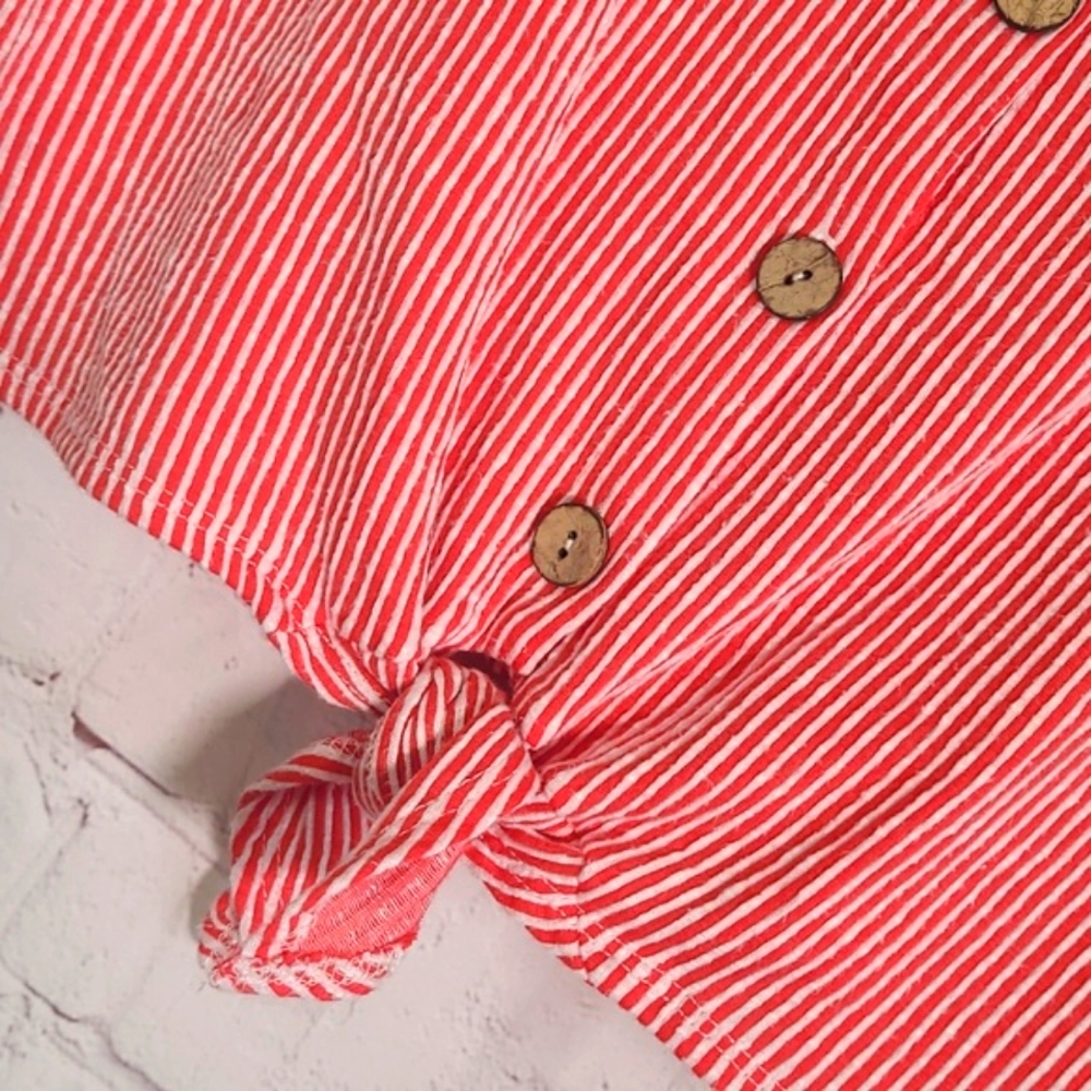 W5 Red & White Stripe Wood Button Front Tie Rockabilly Tee Tshirt Womens Size M - Picture 7 of 16
